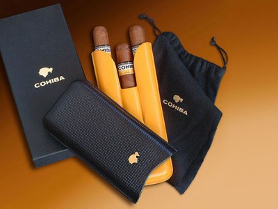 Cohiba - Etui für 3 Zigarren / Material: Leder / Farbe: SCHWARZ-GELB